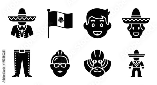 Mexican cultural icons in bold black silhouettes