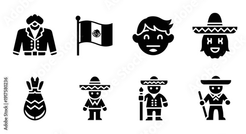 Traditional mexican symbols in minimalist black silhouette style