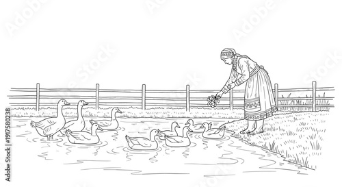 Rustic scene of woman feeding ducks at pond in traditional dress