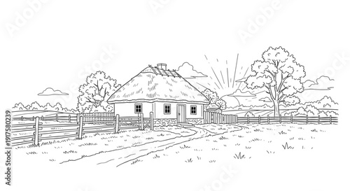 Rustic cottage landscape: hand-drawn black and white rural scene with trees and fences