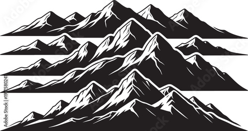 Snowy Mountain Range Landscape in Black and White Illustration