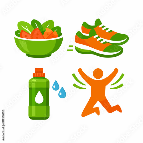 A vibrant collection of health and wellness icons featuring a fresh salad, running shoes, a water bottle, and an active person, symbolizing a healthy lifestyle.