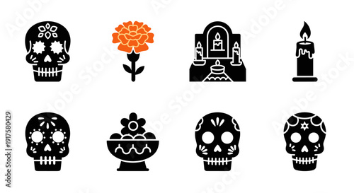 Day of the dead icons: skulls, altars, and marigold in flat design