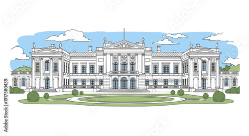 Historic european mansion facade with classical architecture and cloudy sky