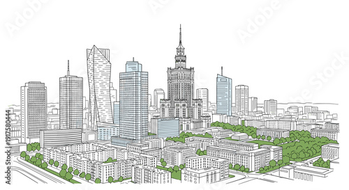 Modern city skyline with green spaces: urban architecture with skyscrapers and parks in line art style