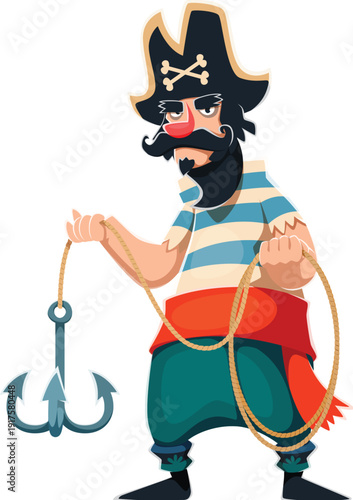 Cartoon pirate corsair vector character. Sailor holds a heavy hook attached to a rope. Angry pirate with black tricorn hat, striped shirt and long mustaches. Vector male personage for kids party