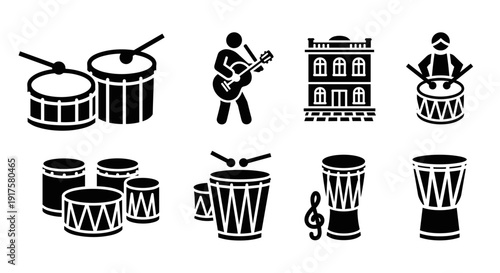 Musical instrument silhouettes: drums, guitar, and music building icon set