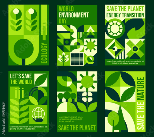 Ecology and environment posters with geometric Bauhaus patterns. Nature and environment protection vector poster templates. Save planet ecology banner or flyer with plant green leaves Bauhaus patterns