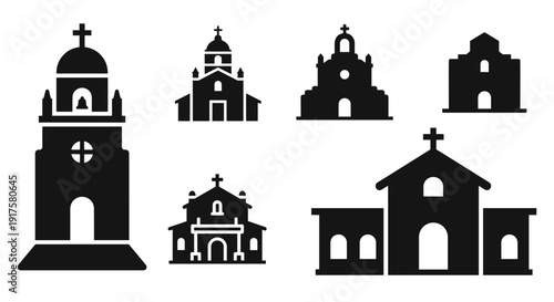 Collection of church silhouettes in minimalist black style