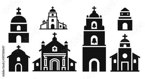 Set of black silhouette church icons featuring varied architectural styles