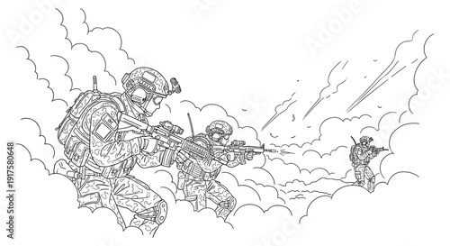 Line art soldiers in tactical gear amidst smoke in combat scene