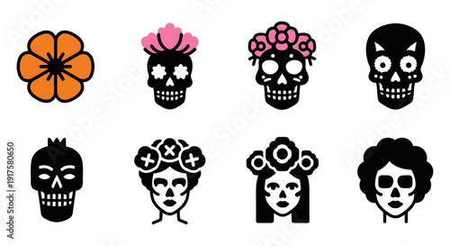 Colorful day of the dead icons with floral and skull elements