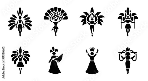Carnival silhouette icons: dancing figures in traditional costumes