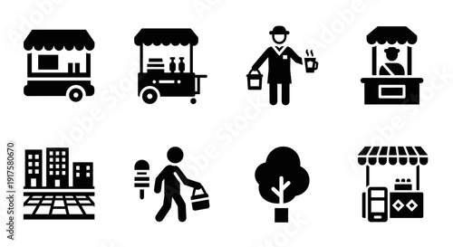 Street food and vendors silhouette icons set featuring urban market elements