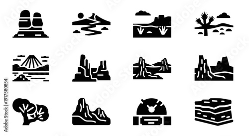 Silhouette icon set of desert landscapes and scenic canyons with mountain backdrops