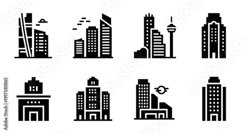 Modern city building silhouettes: urban architecture icons collection