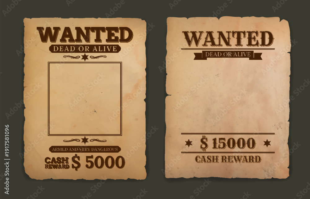Obraz premium Vintage western wanted vector poster on rough parchment background. Vector cowboy and sheriff wanted dead or alive mockup banner with criminal photo frame and cash reward notice, criminal research