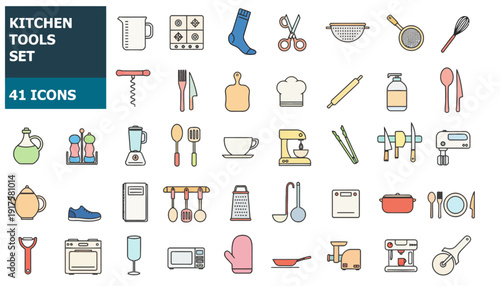 A collection of kitchen tools and utensils icons displayed on a clean white background from a straightforward viewpoint