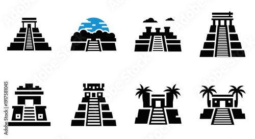 Ancient pyramids silhouette icons set with palm trees and clouds