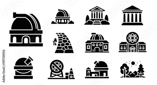 Silhouette icons of observatories and classical buildings for educational themes