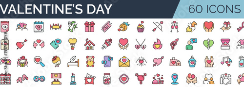 Collection of 60 Valentine's Day icons featuring love symbols, hearts, and gifts in a grid layout