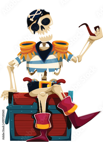 Cartoon sailor skeleton pirate character leaning on treasure chest with crossed belts and golden buckle, exhaling smoke from pipe. Vector Halloween skeleton Caribbean corsair personage guarding a loot