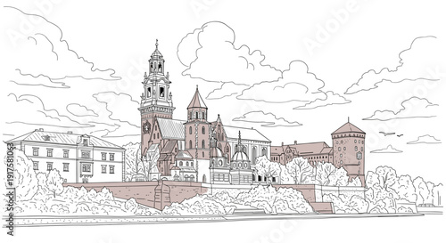 Detailed line art of historic european castle with tower and scenic background