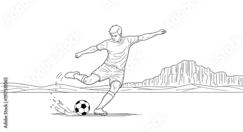 Dynamic soccer player kicking ball on scenic field with mountain background in linear art style