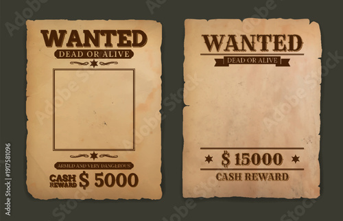 Vintage western wanted vector poster on rough parchment background. Vector cowboy and sheriff wanted dead or alive mockup banner with criminal photo frame and cash reward notice, criminal research