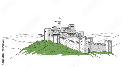 Majestic medieval castle on hill with outline design