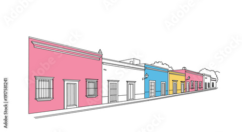 Colorful colonial street with vibrant facades and minimalist line art style