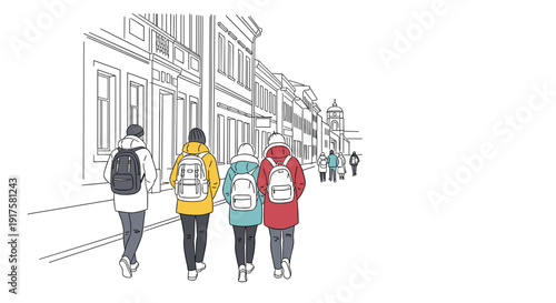Walking in the city: urban scene with people in colorful winter coats