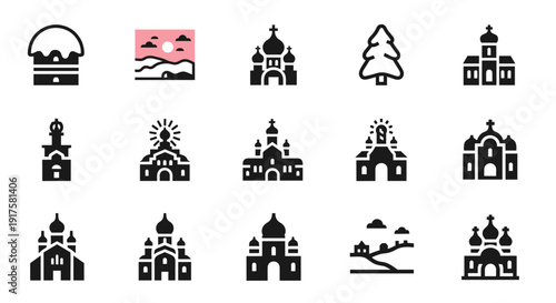 Minimalist church icons and landscapes in flat style