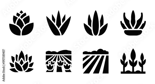 Silhouette plant icons set: various agriculture and nature elements