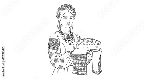 Traditional slavic woman holding bread in ethnic attire line art