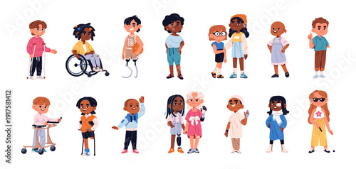 Happy kids with disabilities set. Cute children with hearing aid, crutches, prosthesis are greeting, waving hands. Inclusive child in wheelchair. Flat isolated vector illustrations on white background
