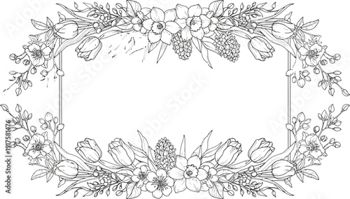 Beautiful detailed black and white spring floral border design featuring tulips daffodils and hyacinths framing a central copy space for text or images