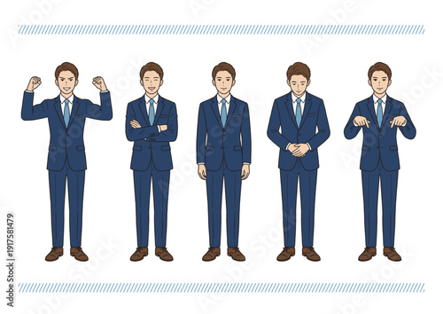 スーツ姿のビジネスマン全身ポーズセット（成功・案内・お辞儀・指差し）