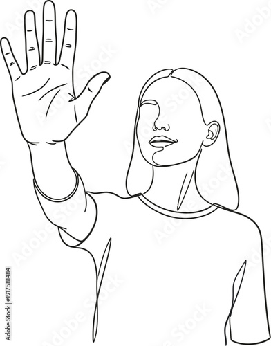 Minimalist line art drawing depicts a young woman with long hair raising her open hand in a clear greeting gesture or perhaps signaling to stop.