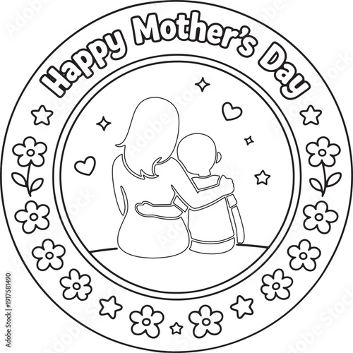 Happy Mothers Day Mother and Child Silhouette Coloring Page Line Art