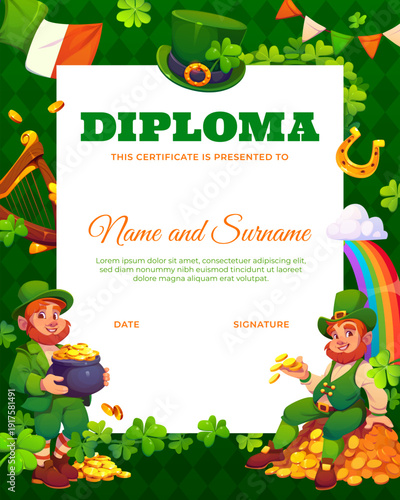 Holiday diploma certificate if happy St Patrick's day. Saint Patrick congratulation vector certificate, March celebration diploma with two leprechauns in top hats, pot of golden coins and Ireland flag
