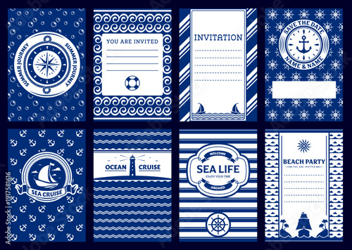 Nautical marine invites decorated with compass, anchor, ship wheel, lighthouse, sailing boats and blue sea wave ornaments. White blue vector greeting cards and party invitation