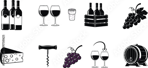 Wine Tasting Icon Set Featuring Bottles Glasses Grapes Barrel Cheese And Corkscrew Vector Illustration Collection