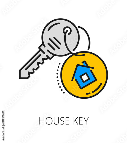 Home security key color line icon or pictogram. Home secure access system lineart vector pictogram, house security company line symbol. Property safety service outline icon with key, keyring and tag