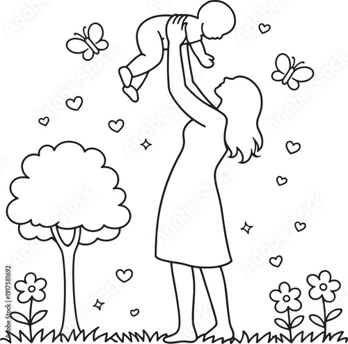Mother Lifting Baby Outdoor Nature Mothers Day Coloring Page Line Art