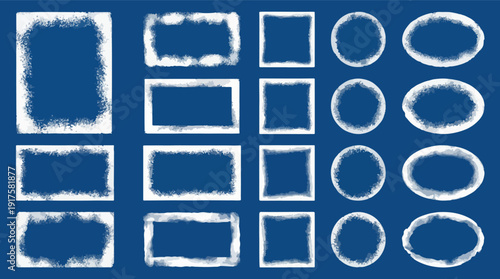 Square and round ice snow frames. Cartoon frozen empty borders circle shape with icicles and snow caps. Christmas decoration vector elements