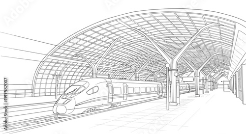 Modern train at futuristic railway station in linear style