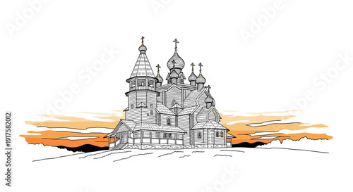 Historic wooden church with ornate onion domes at sunset