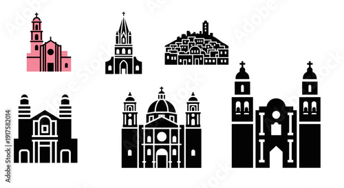 Collection of iconic church silhouettes featuring architectural designs