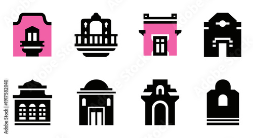 Traditional mexican architecture icons set with pink accents